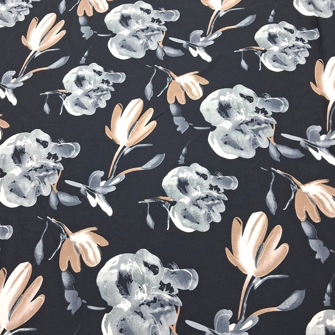 Black Floral Crepe Fabric, laid flat