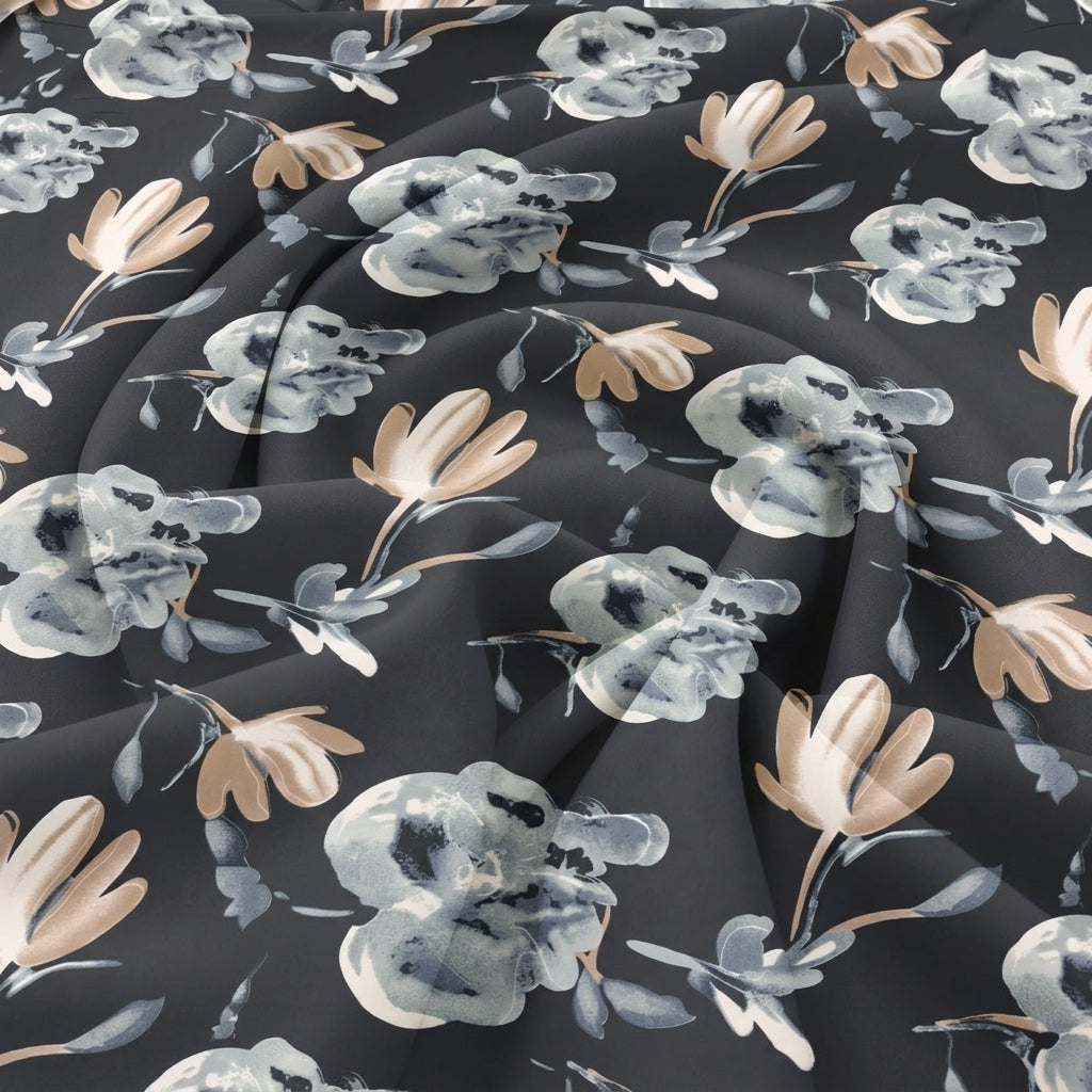 Swirled Black Floral Crepe Fabric Showing Drape