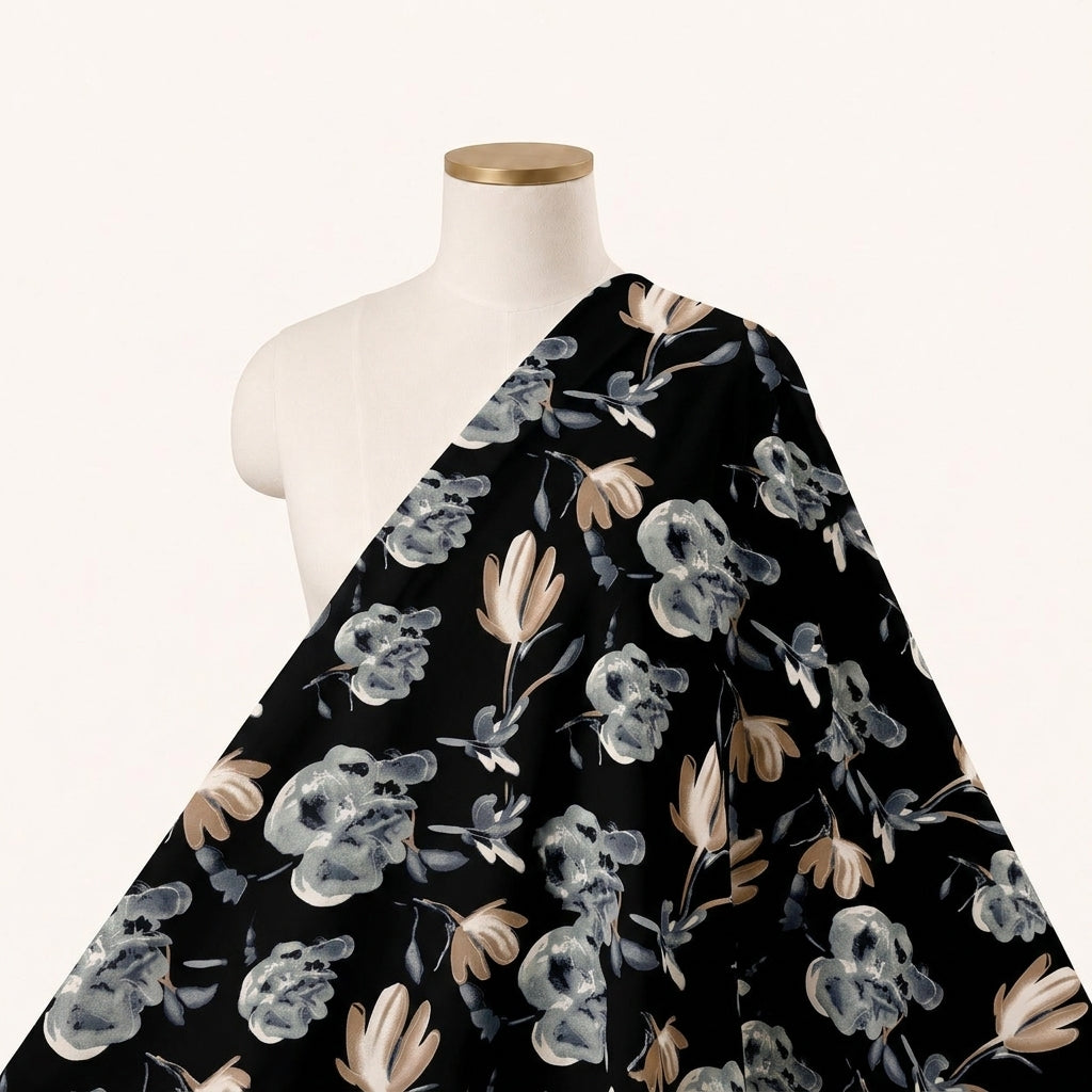 Black Floral Crepe Fabric Draped as a saree