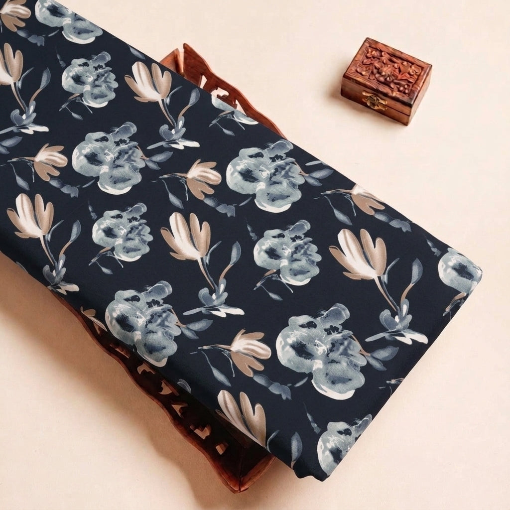 Black Floral Crepe Fabric, folded