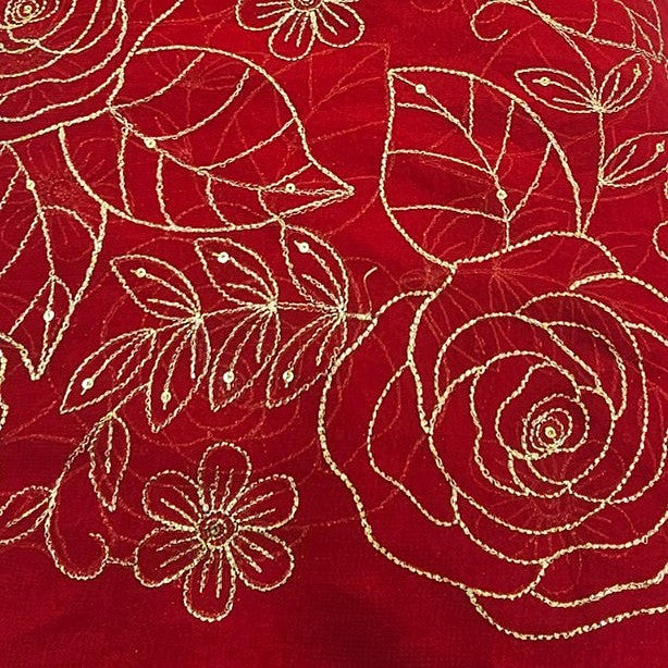 Red Floral Embroidery Georgette Fabric, laid flat