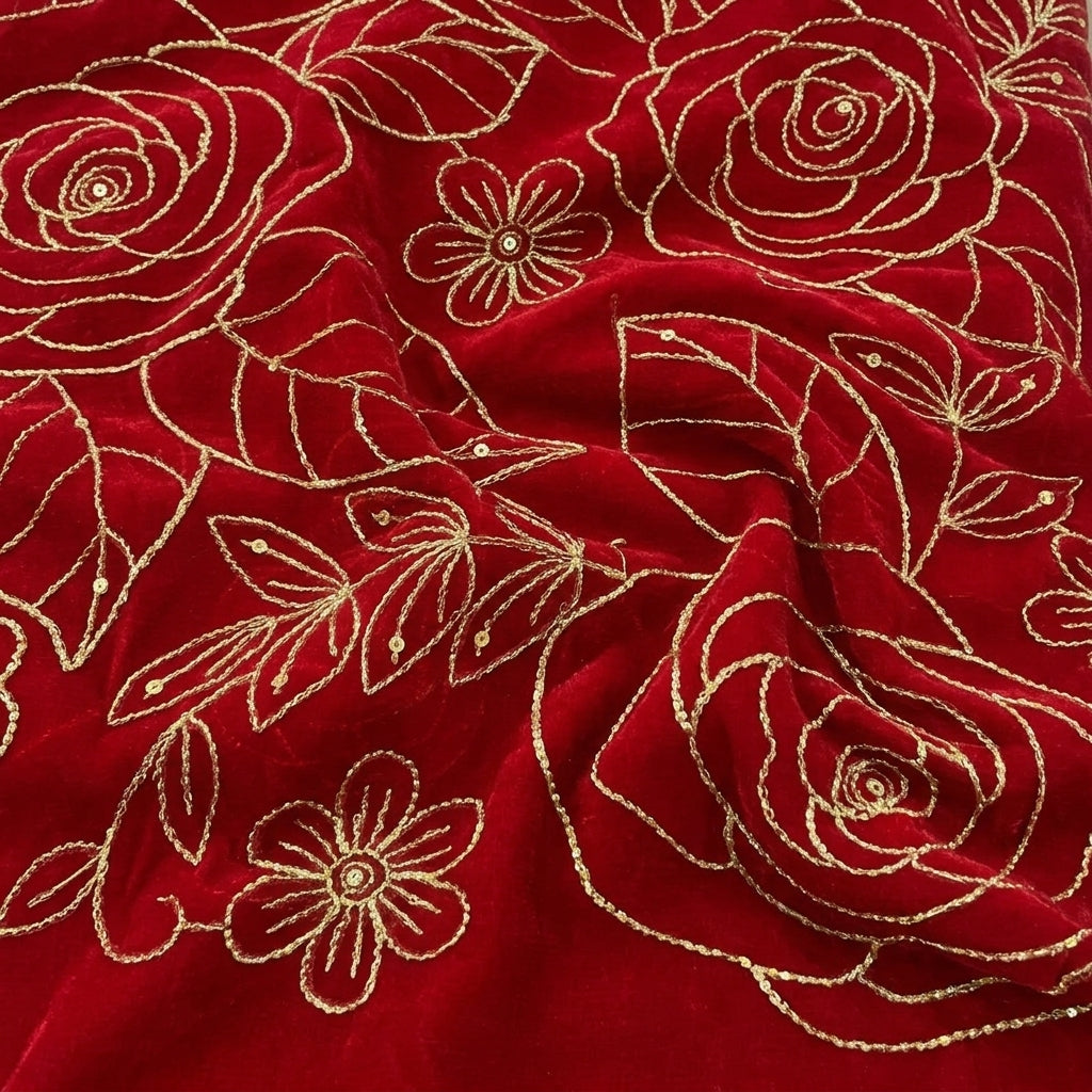 Red Floral Embroidery Georgette Fabric, swirled to show the drape