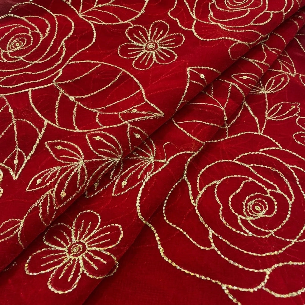Red Floral Embroidery Georgette Fabric, folded