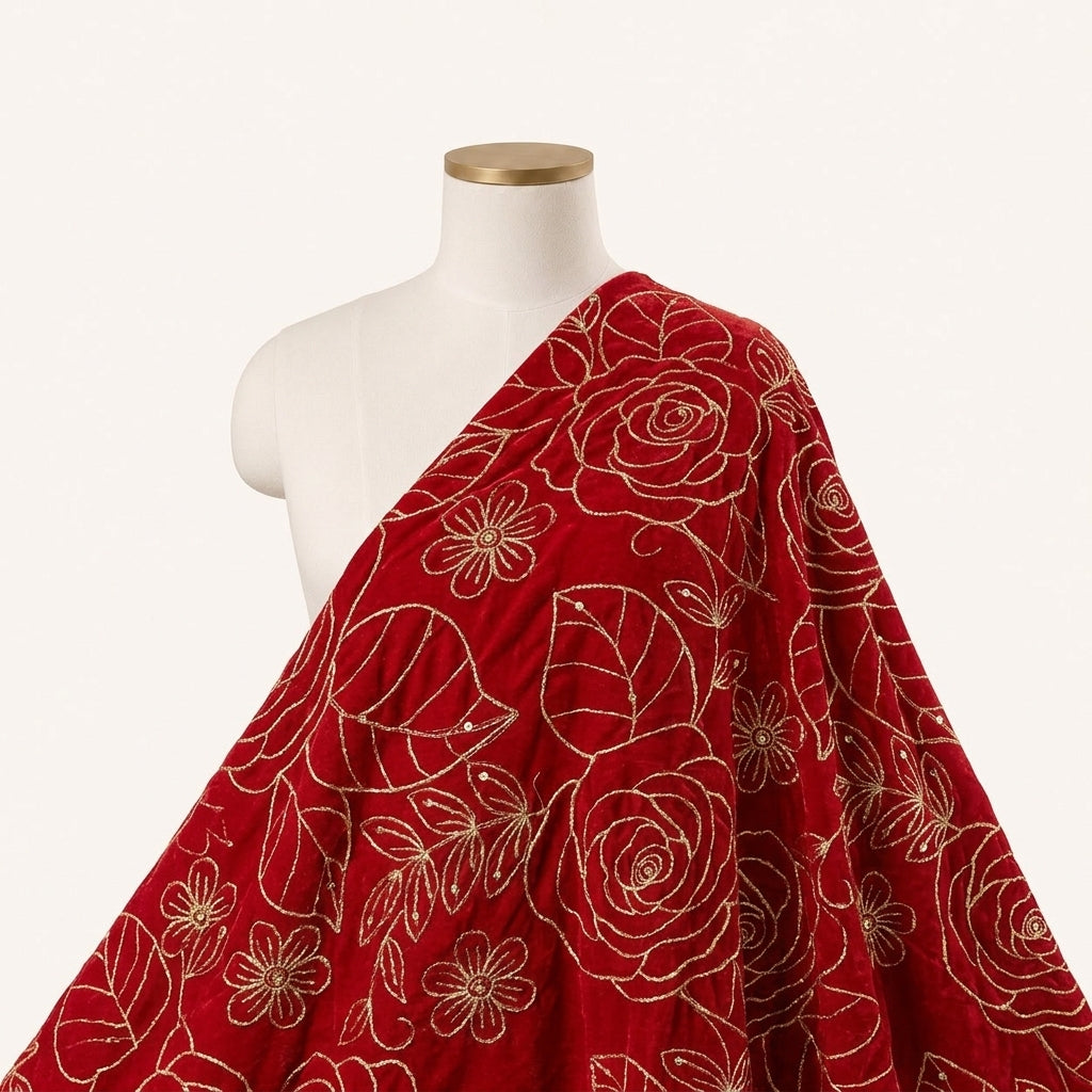Red Floral Embroidery Georgette Fabric, draped as a saree
