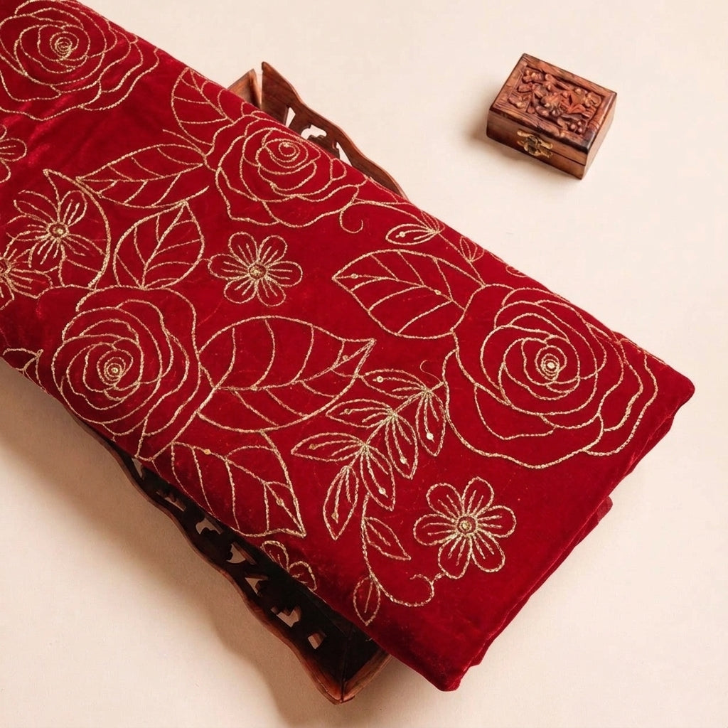 Red Floral Embroidery Georgette Fabric, folded