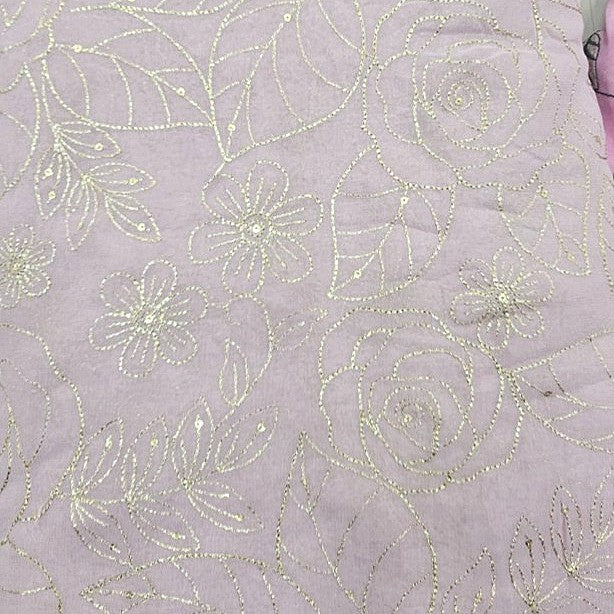Violet Floral Embroidery Georgette Fabric, laid flat