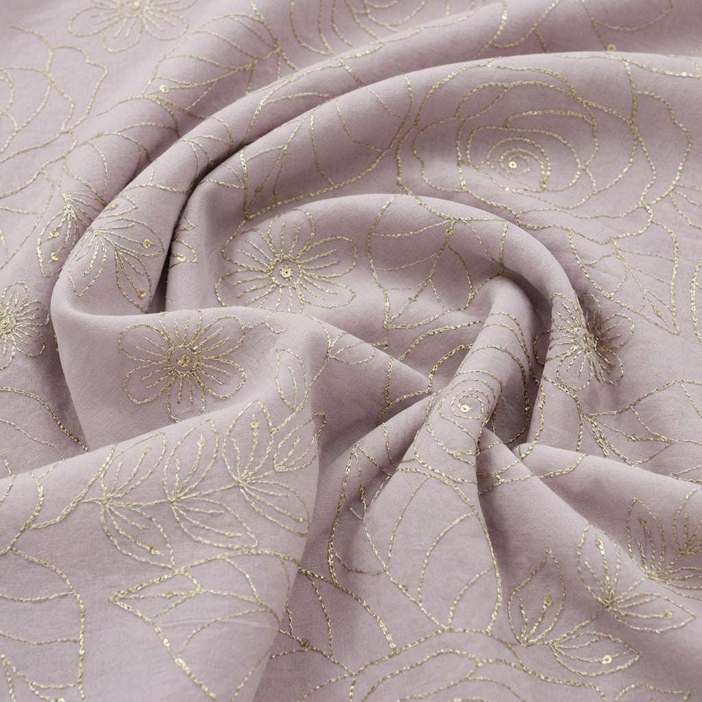 Swirled Violet Embroidery Georgette Fabric Showing Floral and Drape
