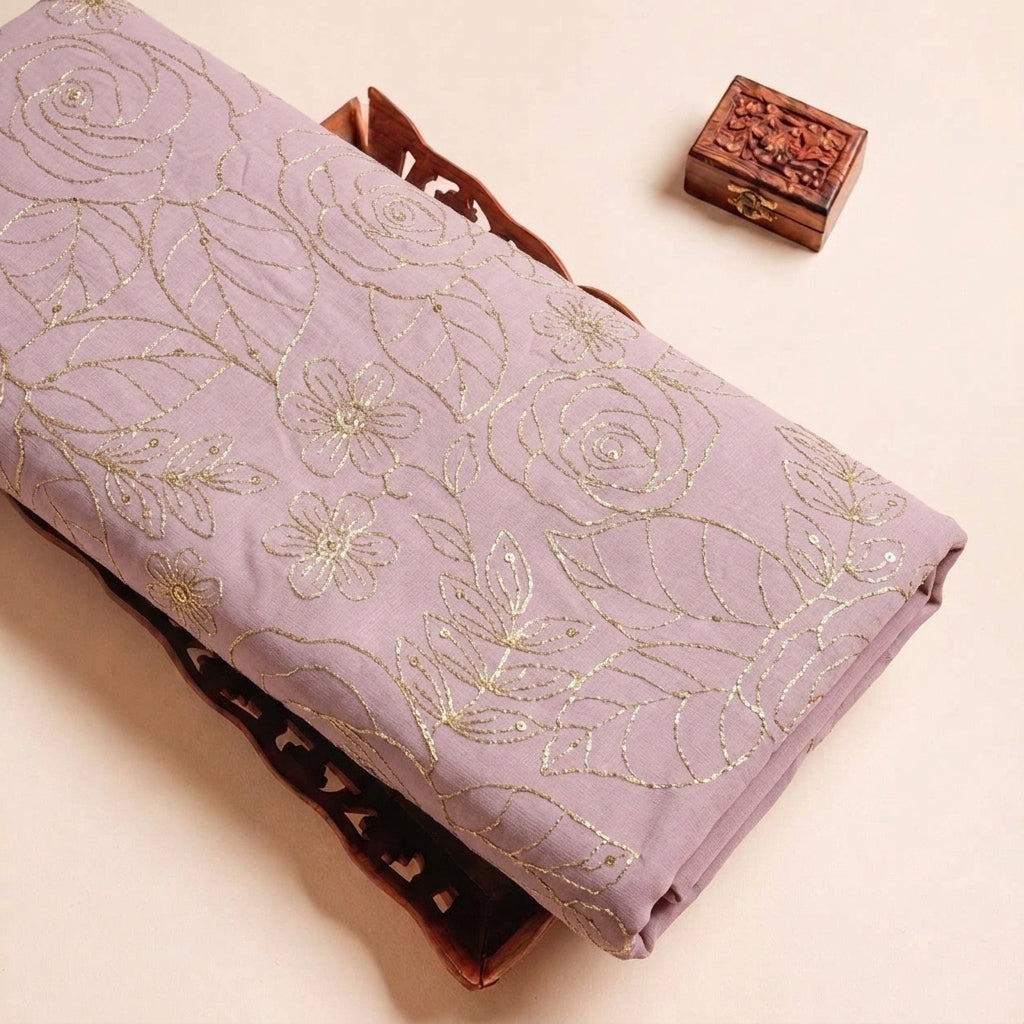 Violet Floral Embroidery Georgette Fabric, folded