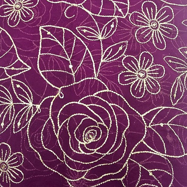 Purple Floral Embroidery Georgette Fabric, laid flat