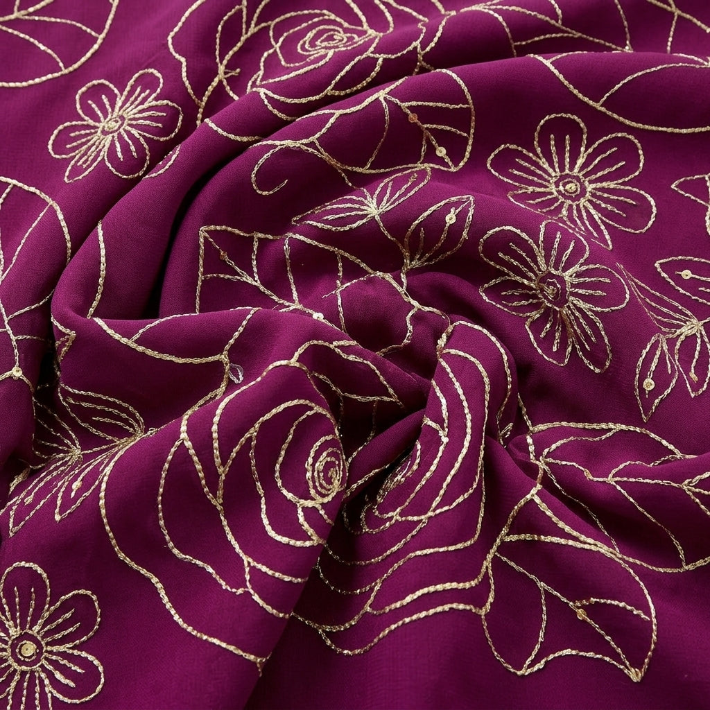 Purple Floral Embroidery Georgette Fabric, swirled to show the drape