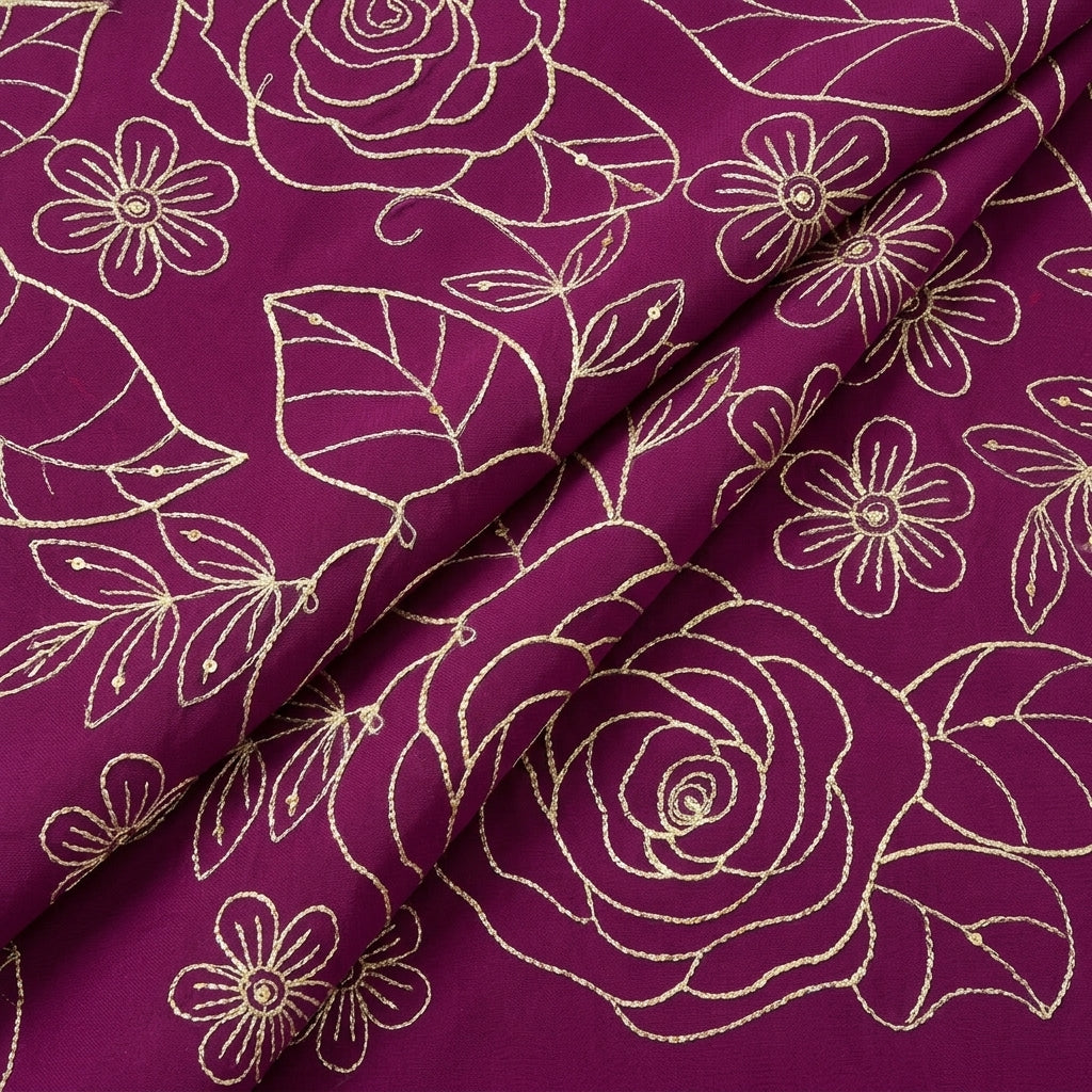 Purple Floral Embroidery Georgette Fabric, folded