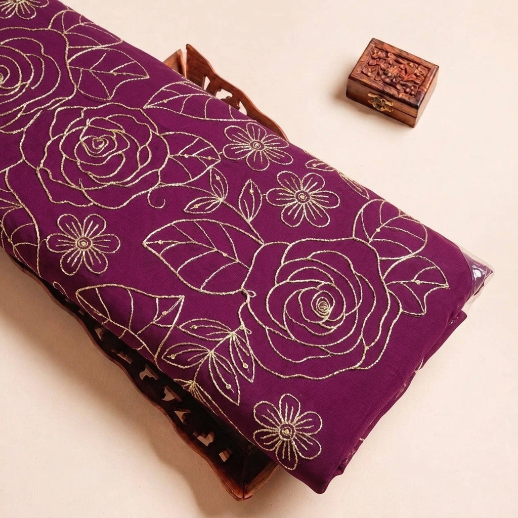 Folded Purple Embroidery Georgette Fabric Highlighting Floral and Texture