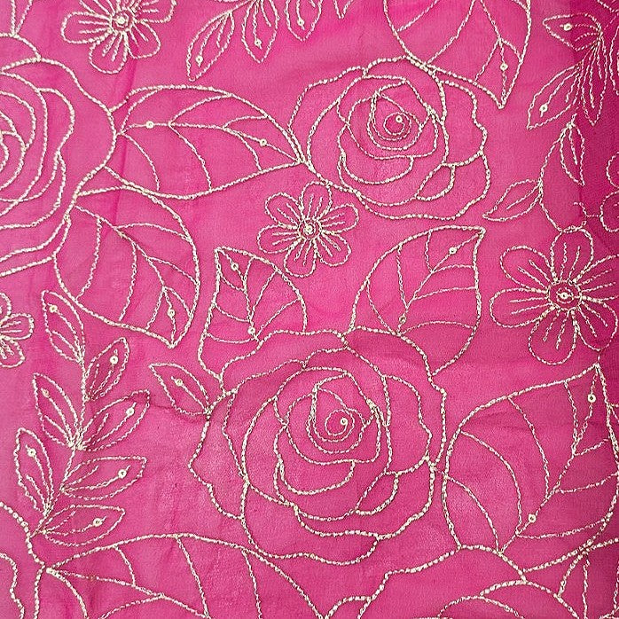 Pink Floral Embroidery Georgette Fabric, laid flat