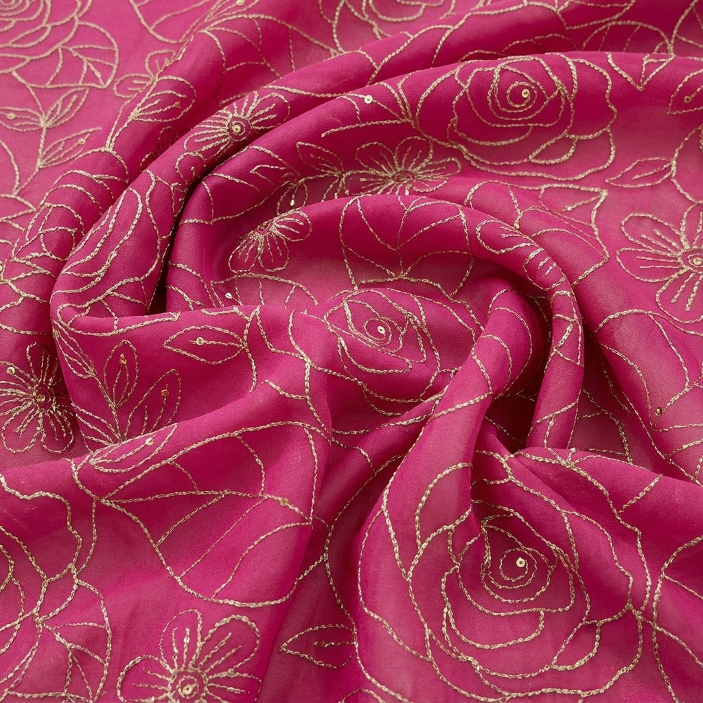 Swirled Pink Embroidery Georgette Fabric Showing Floral and Drape