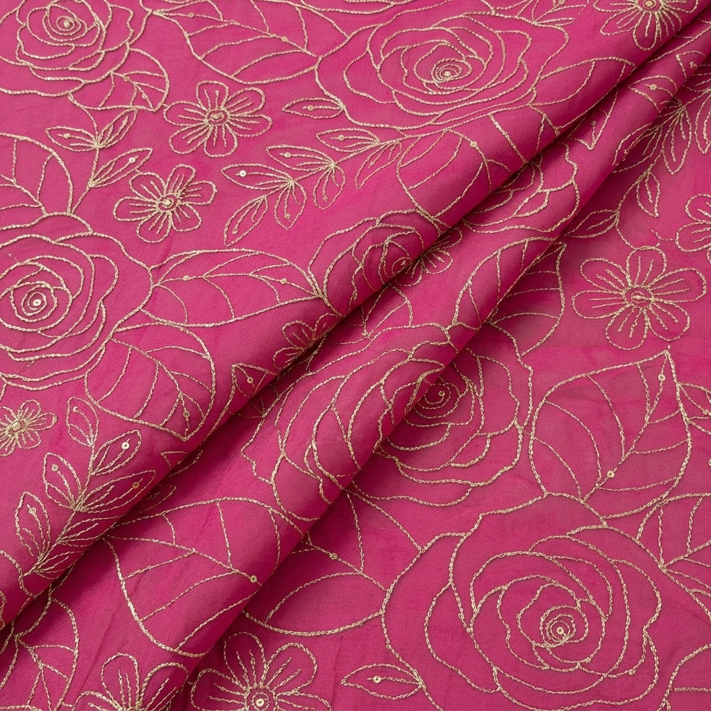 Folded Pink Embroidery Georgette Fabric