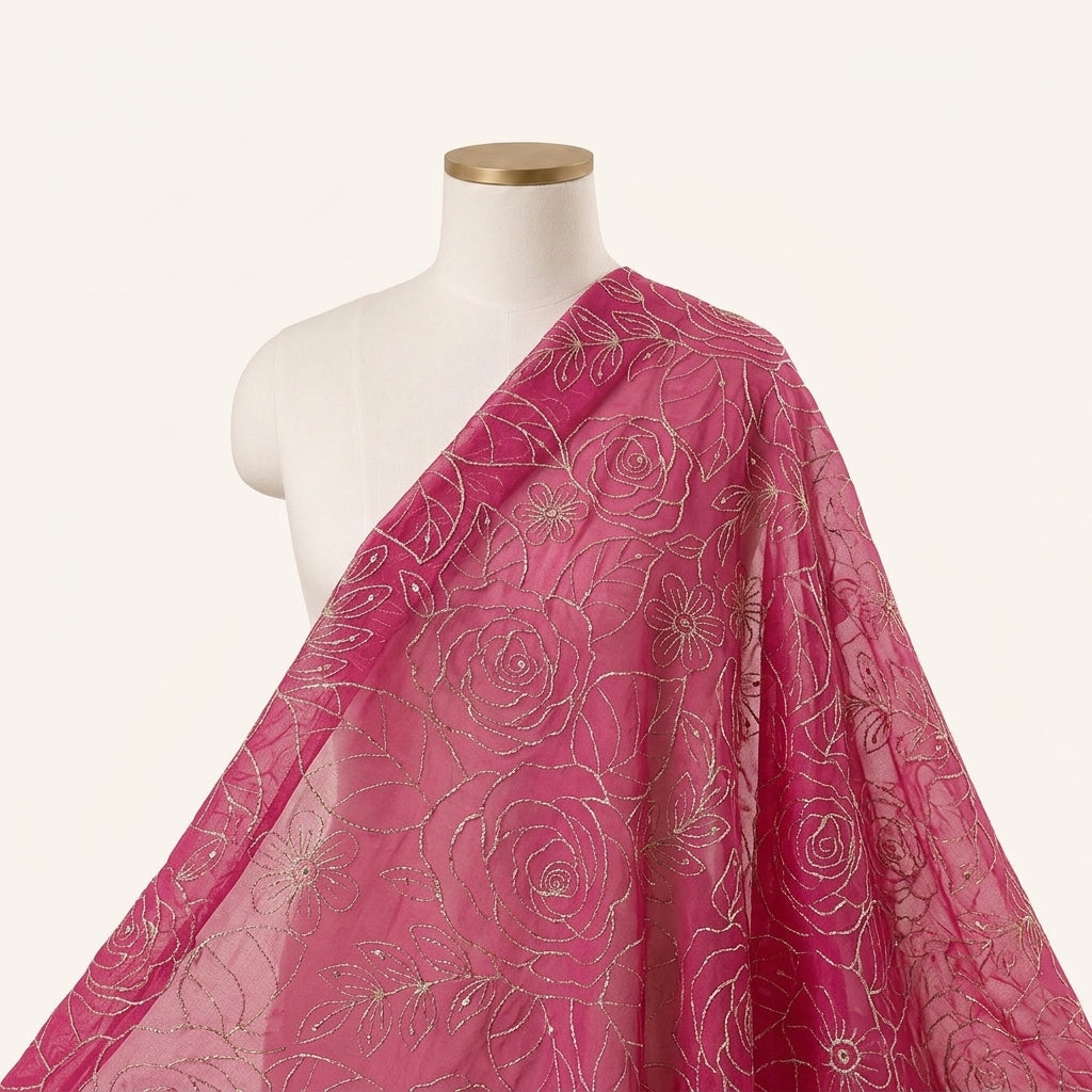 Pink Embroidery Georgette Fabric Draped as a saree