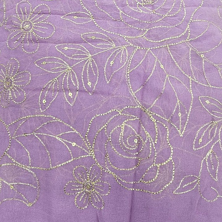 Lilac Floral Embroidery Georgette Fabric, laid flat