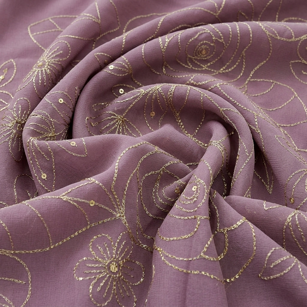 Swirled Lilac Embroidery Georgette Fabric Showing Floral and Drape