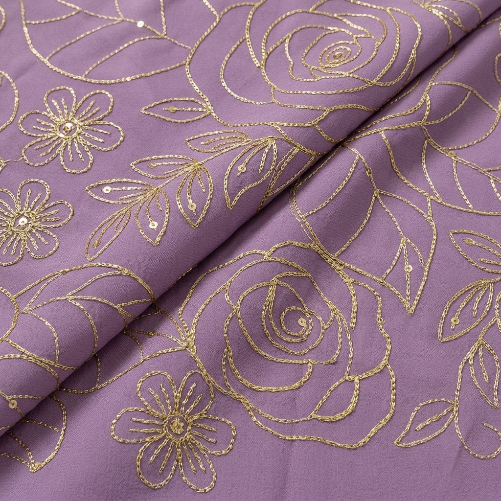 Lilac Floral Embroidery Georgette Fabric, folded