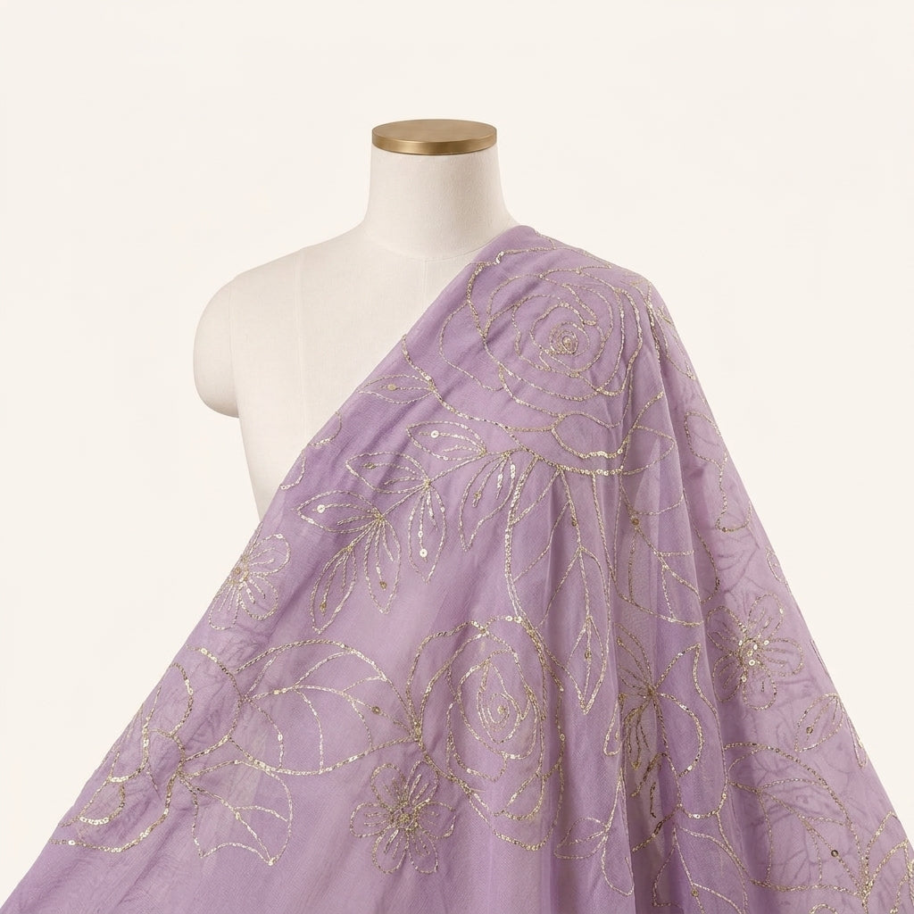 Lilac Embroidery Georgette Fabric Draped as a saree
