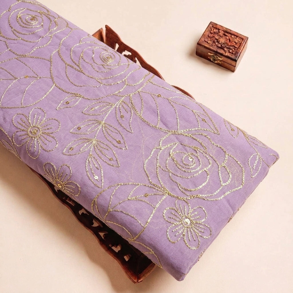 Lilac Floral Embroidery Georgette Fabric, folded