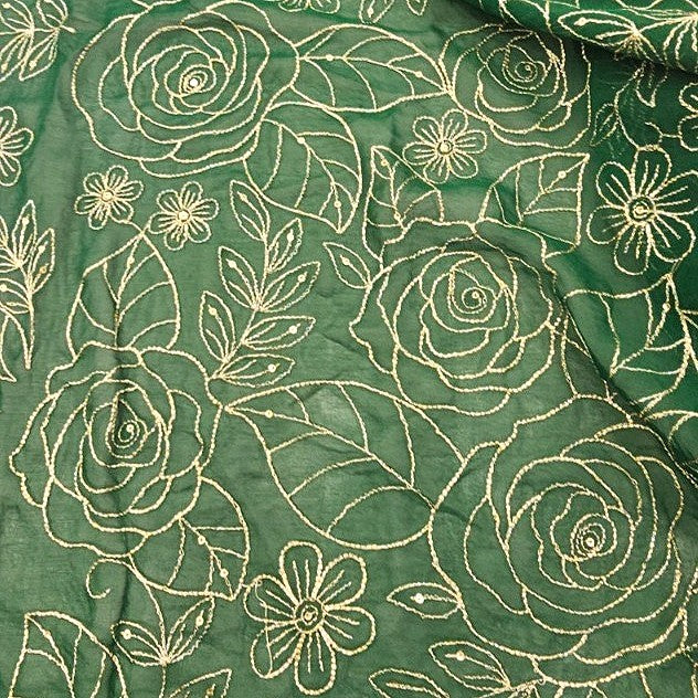 Green Floral Embroidery Georgette Fabric, laid flat