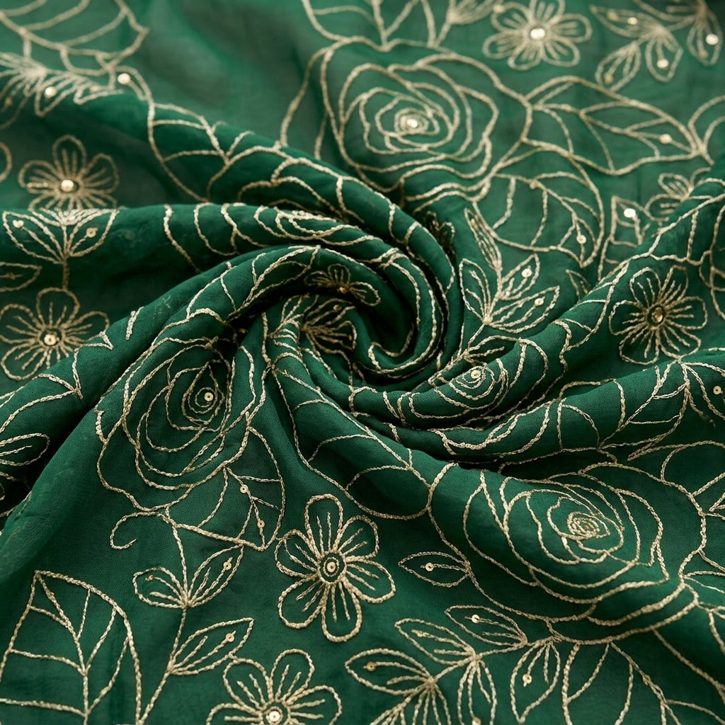 Swirled Green Embroidery Georgette Fabric Showing Floral and Drape