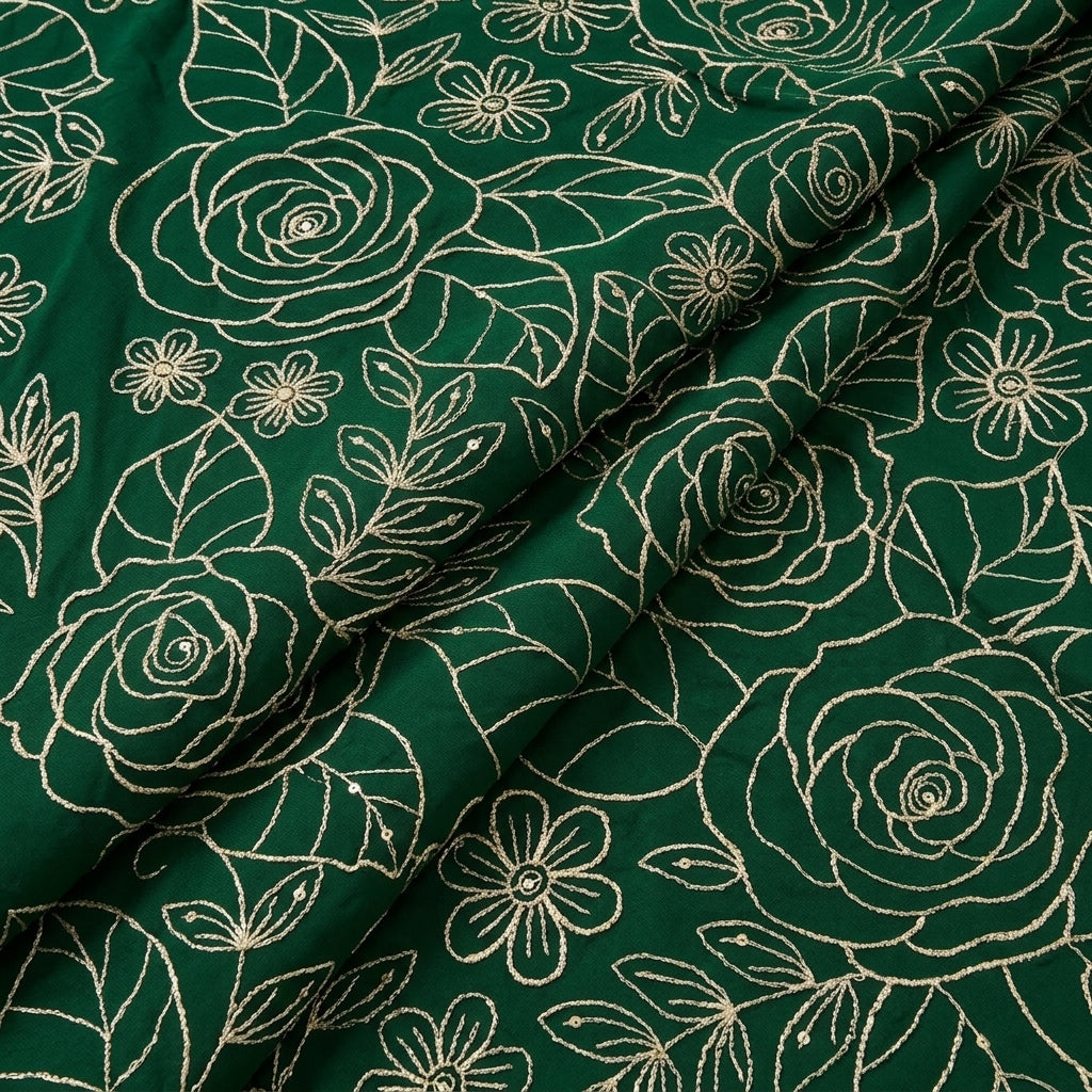 Folded Green Embroidery Georgette Fabric
