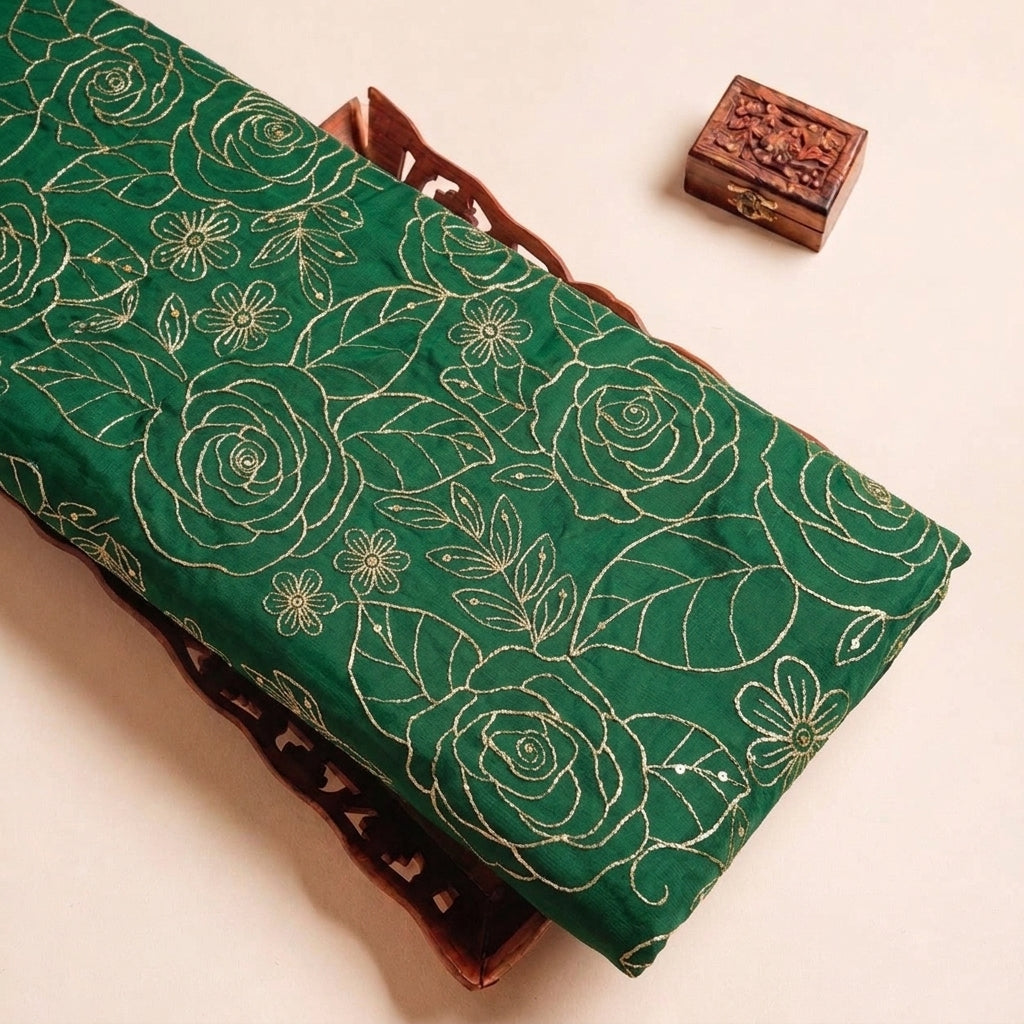 Green Floral Embroidery Georgette Fabric, folded
