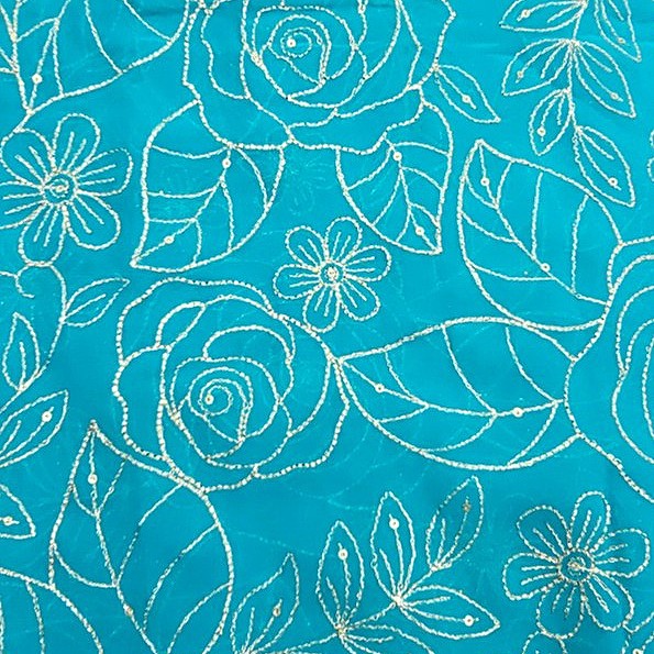 Blue Floral Embroidery Georgette Fabric, laid flat