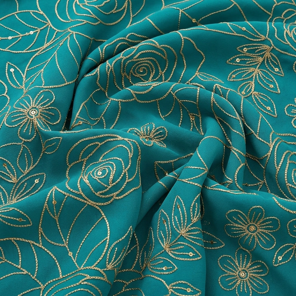 Swirled Blue Embroidery Georgette Fabric Showing Floral and Drape