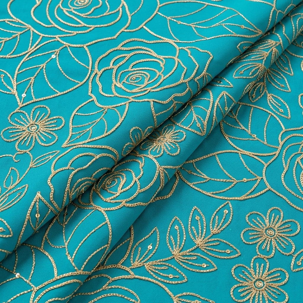 Folded Blue Embroidery Georgette Fabric