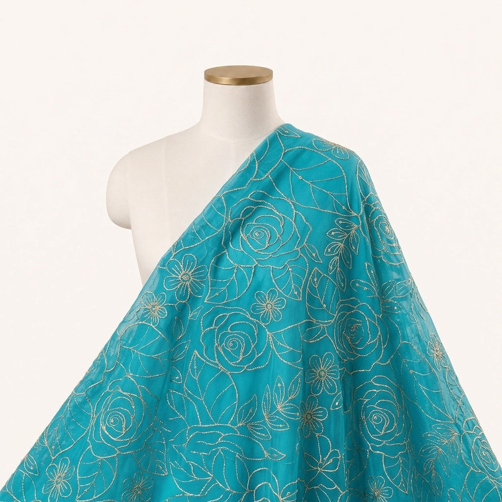 Blue Embroidery Georgette Fabric Draped as a saree