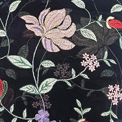 Black Floral Embroidery Georgette Fabric, laid flat