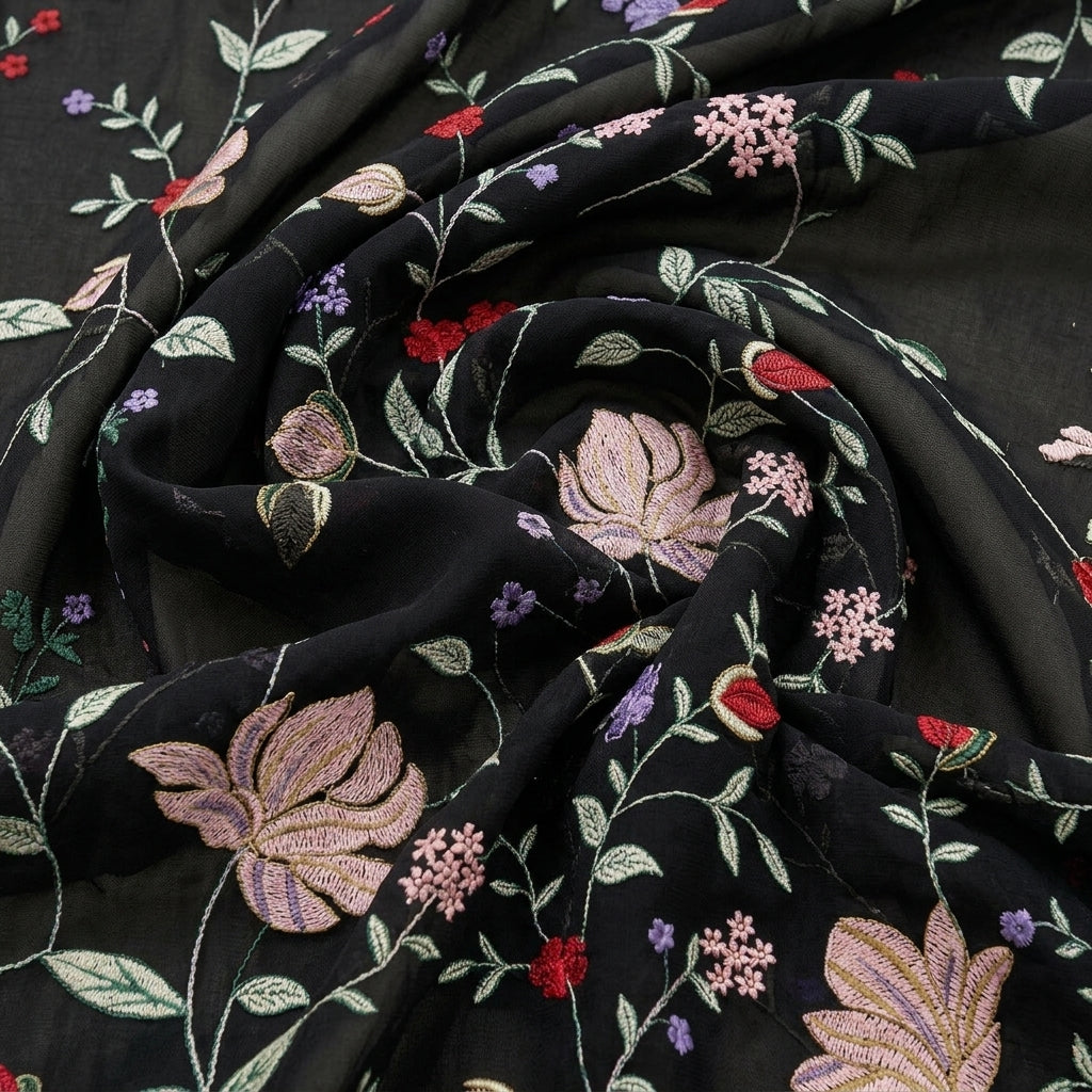 Swirled Black Embroidery Georgette Fabric Showing Floral and Drape