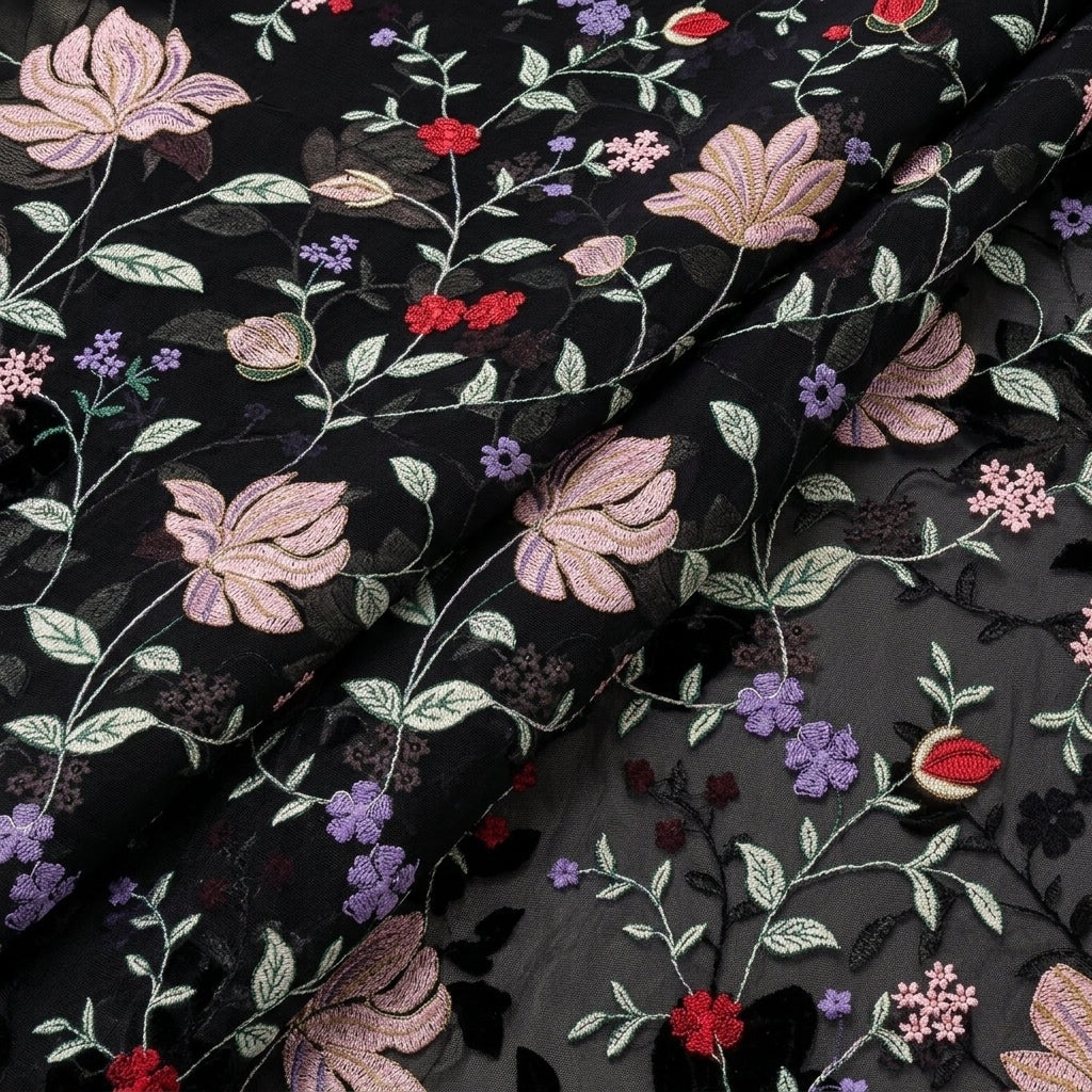 Folded Black Embroidery Georgette Fabric