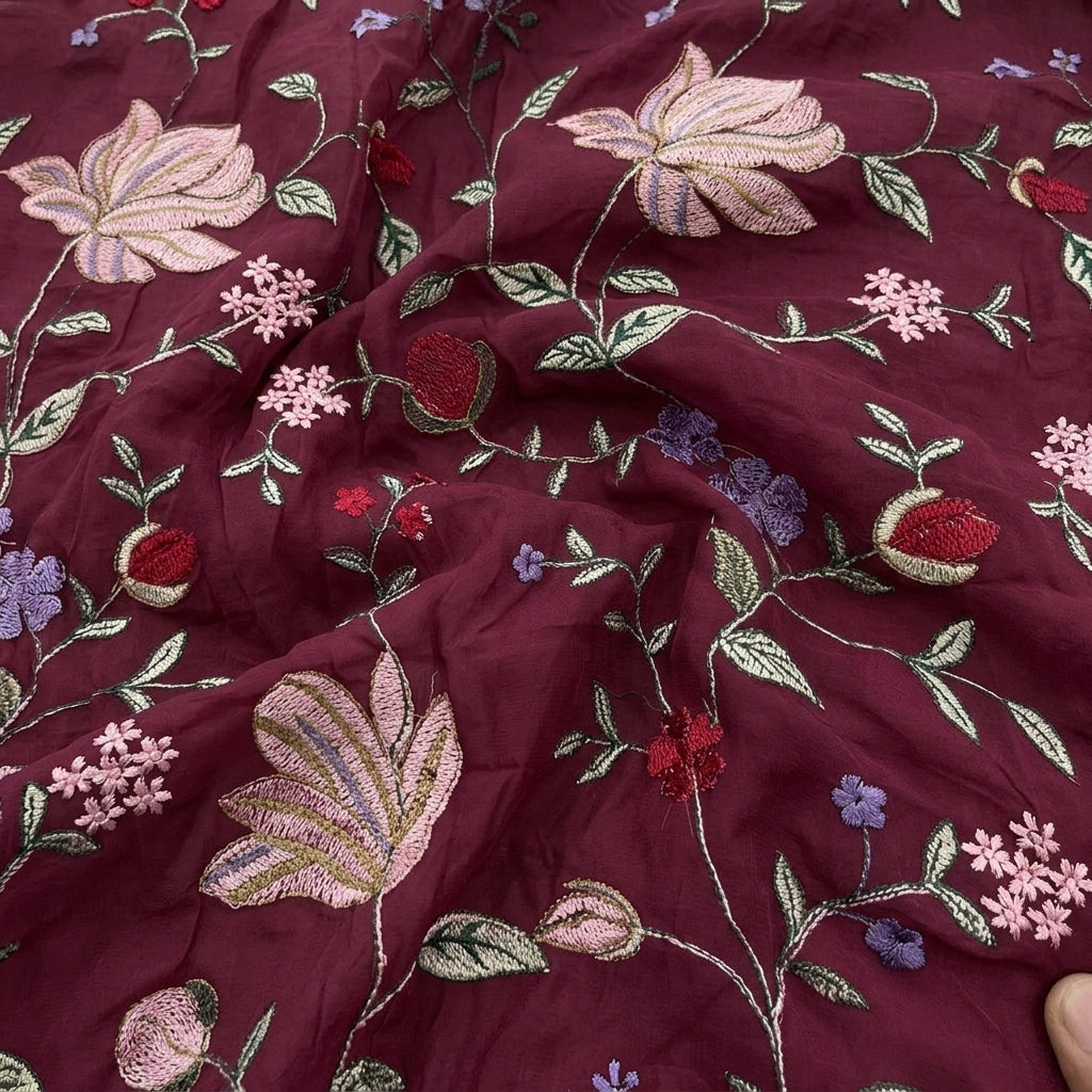 Swirled Pink Embroidery Georgette Fabric Showing Floral and Drape