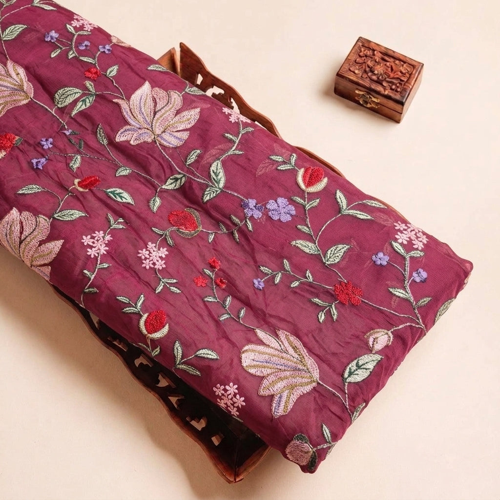 Pink Floral Embroidery Georgette Fabric, folded