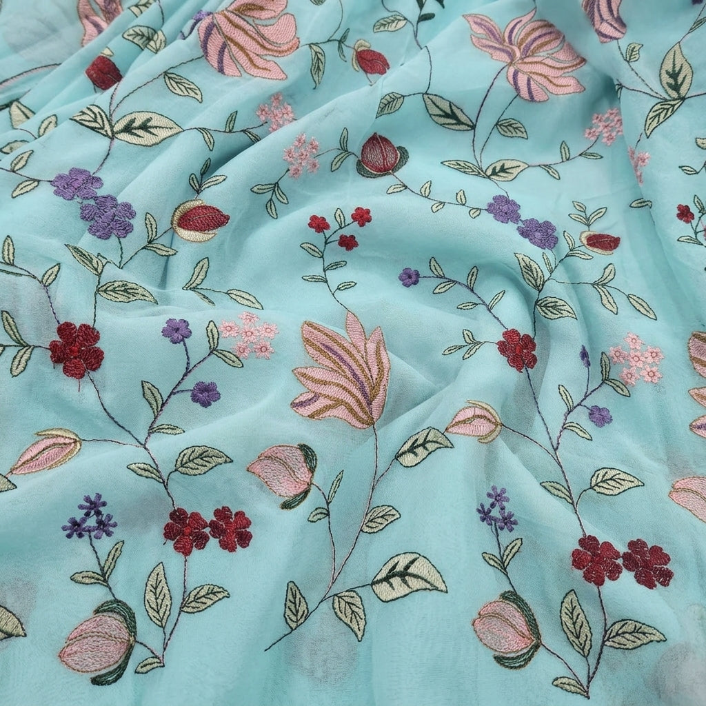 Sky Blue Floral Embroidery Georgette Fabric, swirled to show the drape