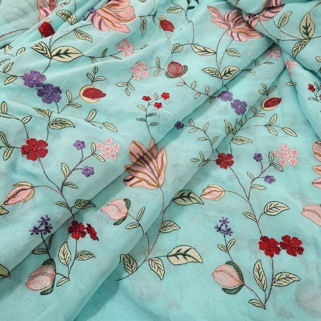 Folded Sky Blue Embroidery Georgette Fabric