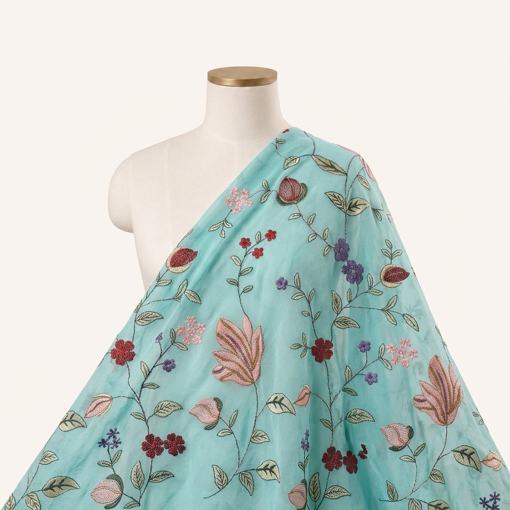 Sky Blue Embroidery Georgette Fabric Draped as a saree
