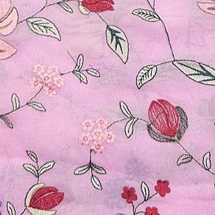 Pink Floral Embroidery Georgette Fabric, laid flat
