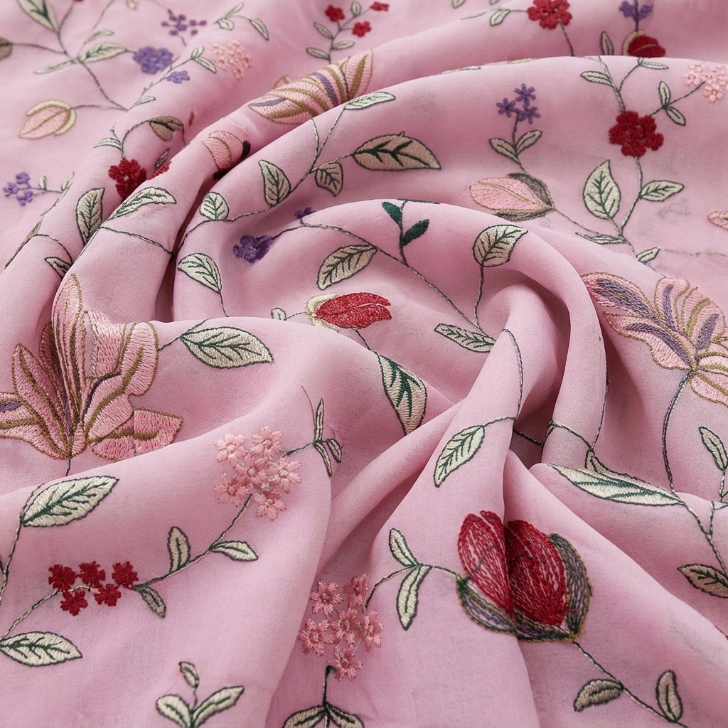 Swirled Pink Embroidery Georgette Fabric Showing Floral and Drape