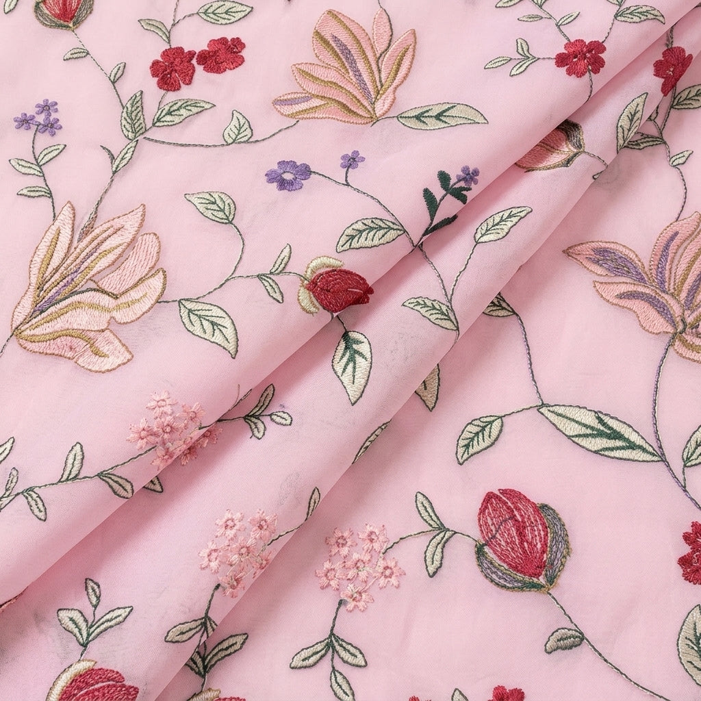 Folded Pink Embroidery Georgette Fabric