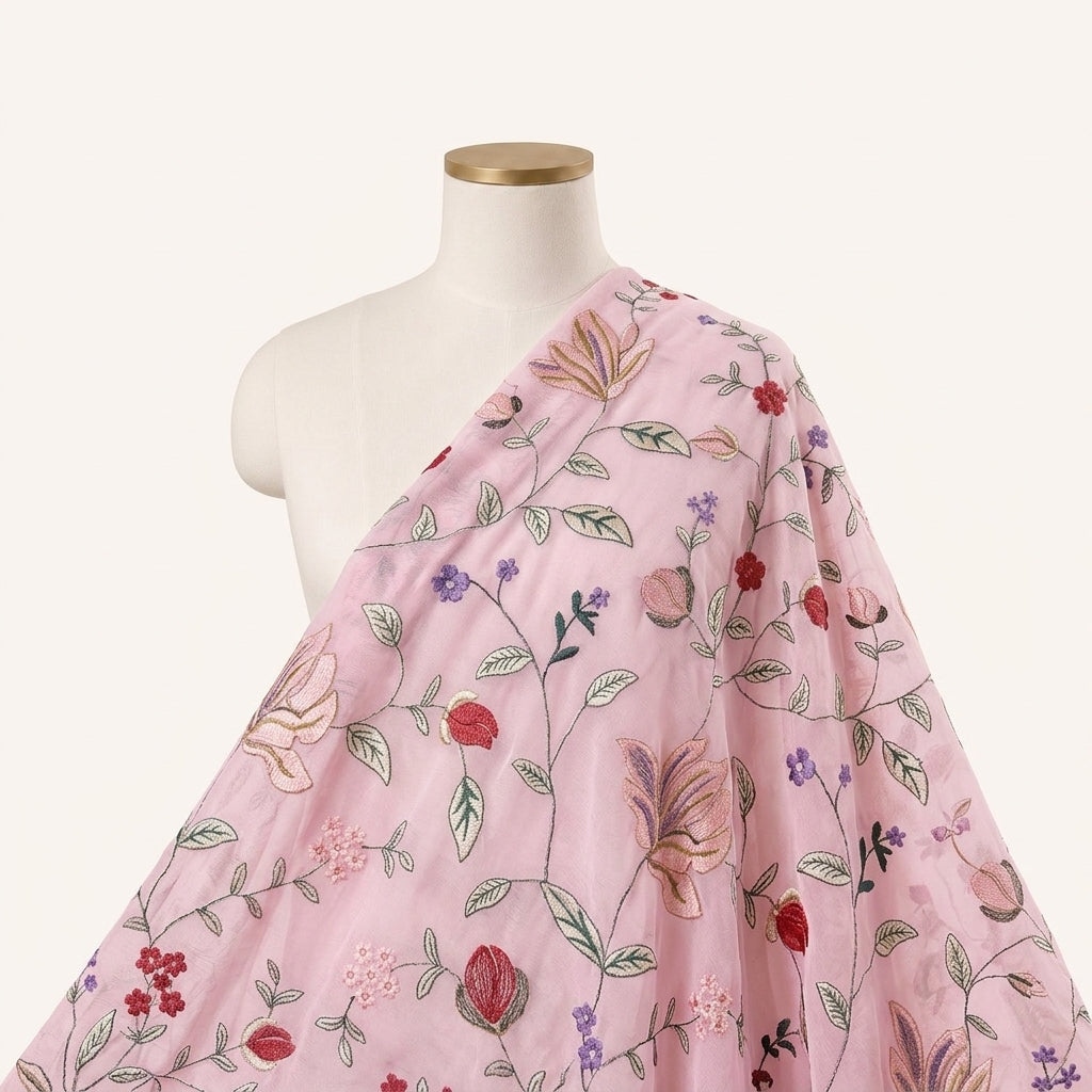 Pink Embroidery Georgette Fabric Draped as a saree