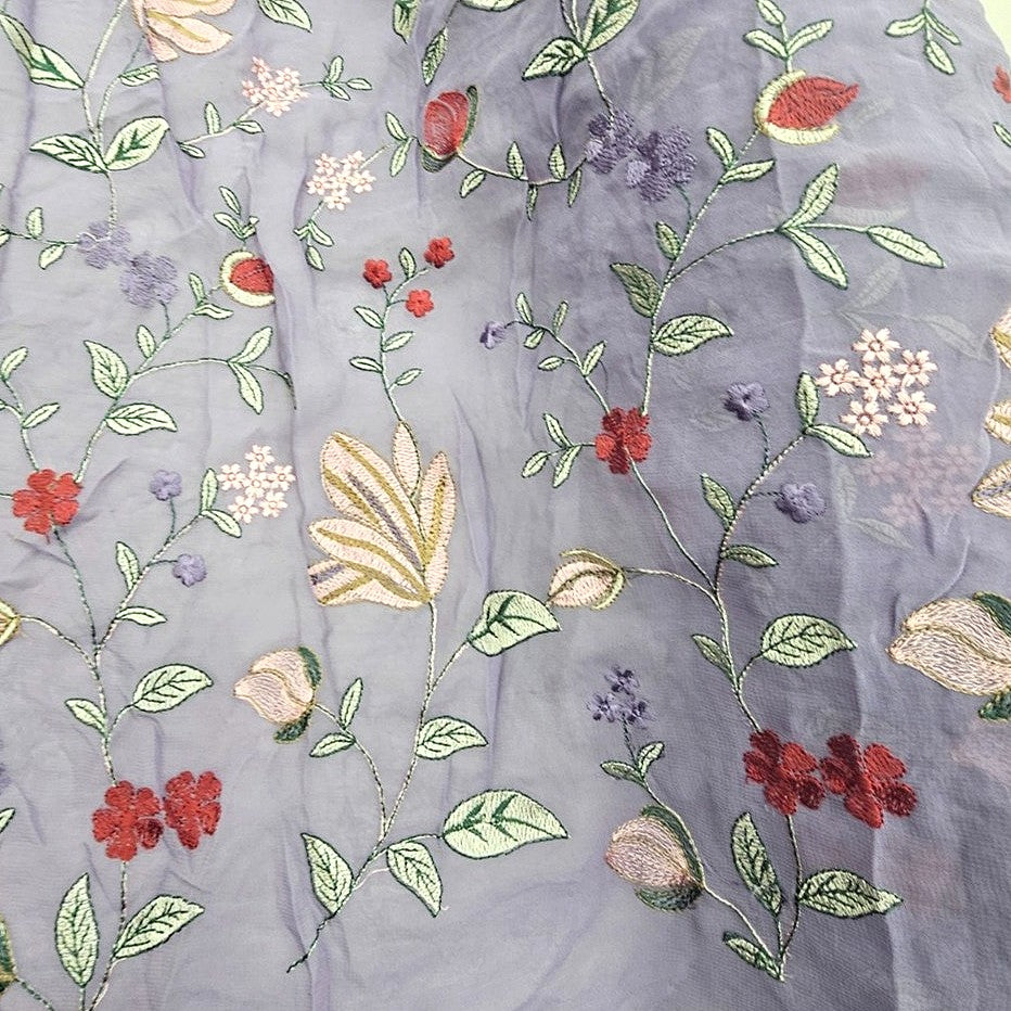 Violet Floral Embroidery Georgette Fabric, laid flat
