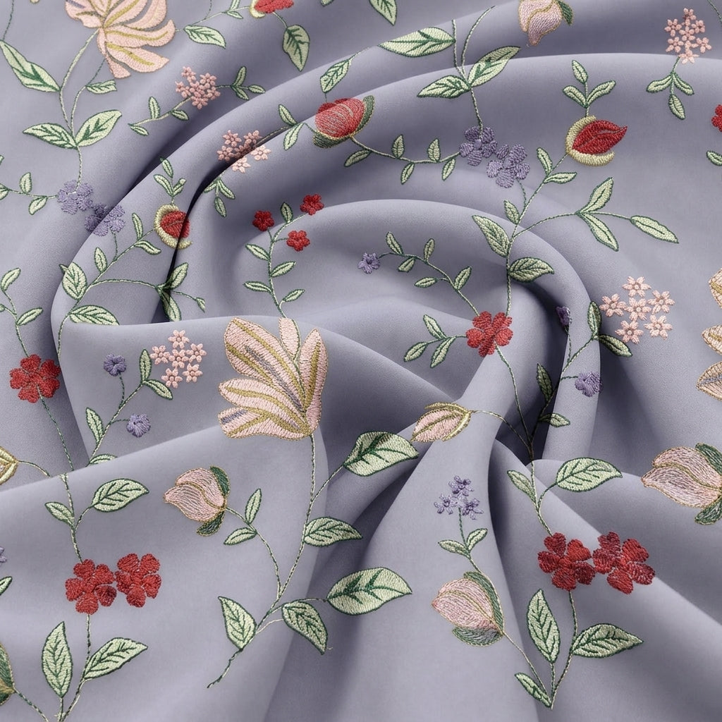Violet Floral Embroidery Georgette Fabric, swirled to show the drape