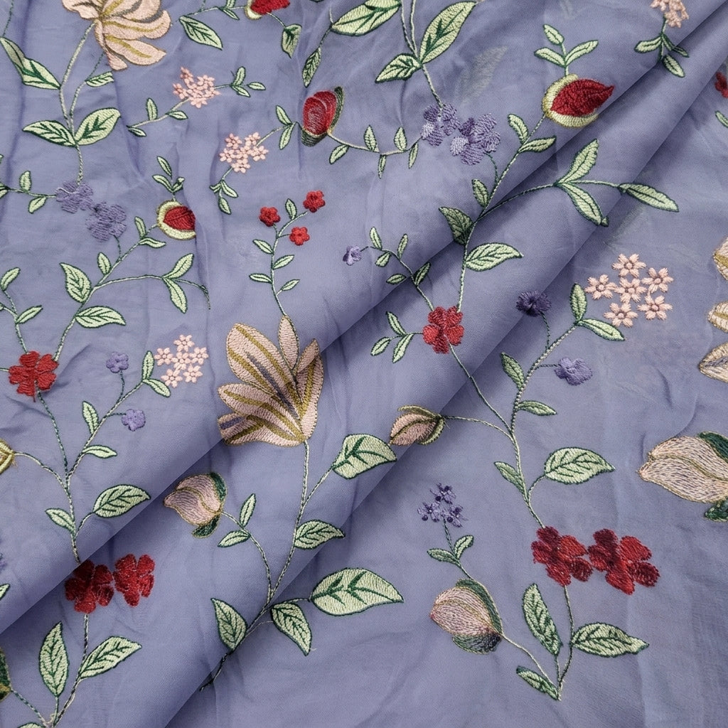 Folded Violet Embroidery Georgette Fabric