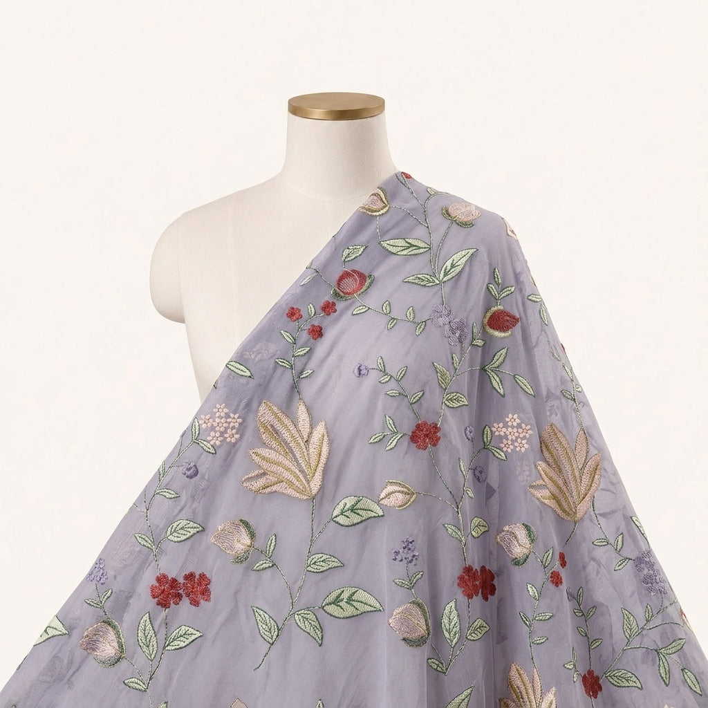 Violet Embroidery Georgette Fabric Draped as a saree