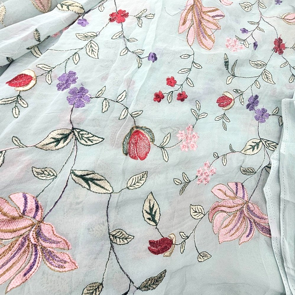 Sky Blue Floral Embroidery Georgette Fabric, laid flat